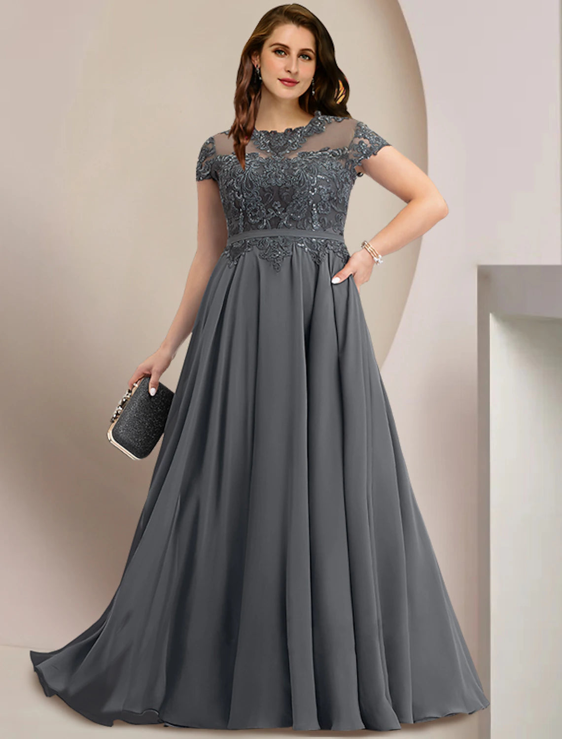 Kleider für die Brautmutter, Übergröße, geschwungen, Bauch verbergen, Hochzeitsgast, Party, elegant, Rundhalsausschnitt, bodenlang, Chiffon, Spitze, kurze Ärmel mit Falten, Pailletten